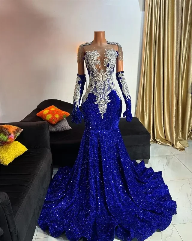 jewel neckline evening dress-Luxury Royal Blue Sequin Mermaid Prom Dresses 2025 Crystal Beading Tassles With Gloves Mermaid African For Black Girl