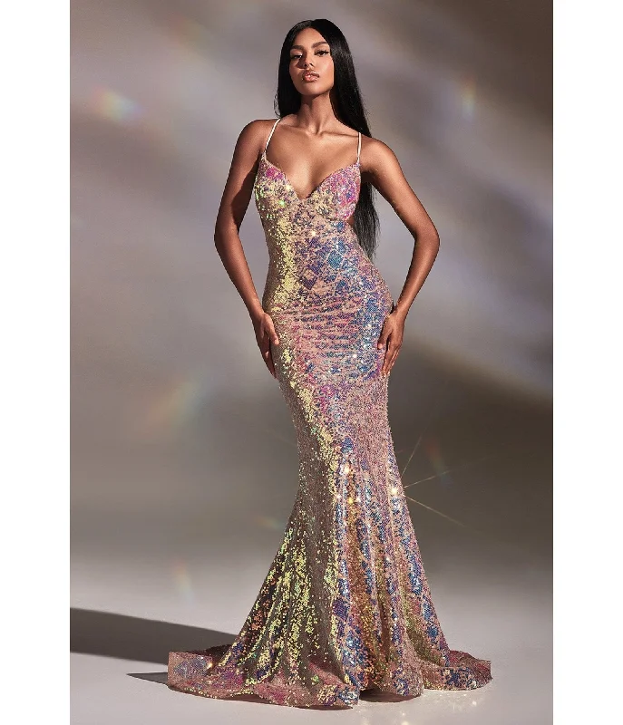 black lace evening dress-Cinderella Divine  Magical Mermaid Iridescent Sequin Prom Gown