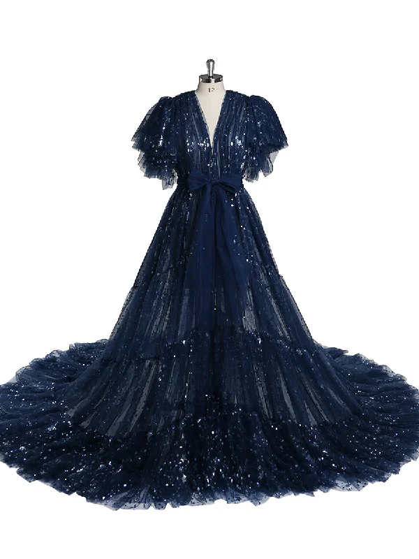 navy blue evening gown-Navy Blue Sparkle Evening Dress Long Open Front Ruffle Sleeve Photo Shoot Dress Short Train Maternity Dress for Baby Shower