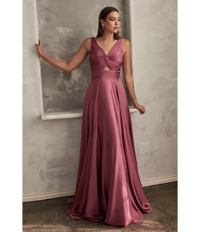 sparkly evening dress-Cinderella Divine  Mauve Rose Satin Ruched Knotted Keyhole Evening Gown