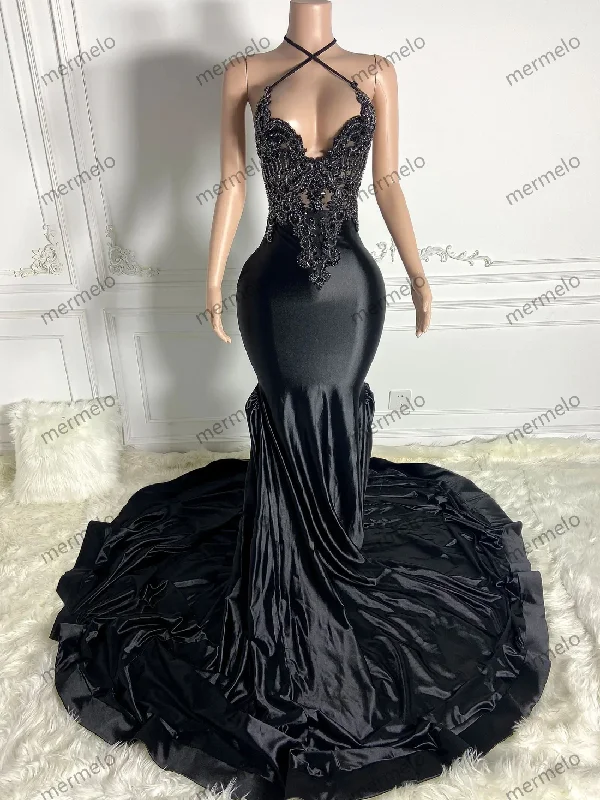 elegant evening dress with sleeves-Mermaid Halter Crystals American African Evening Gowns Birthday Party