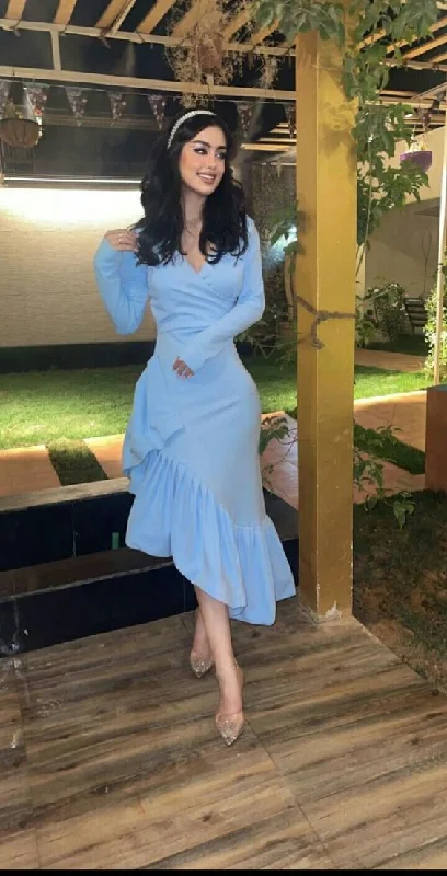 evening dress with keyhole-Mermaid Light Blue Women's Prom Dresses V Neck Long Sleeves Formal Occasion Dress Evening Dress       S5380