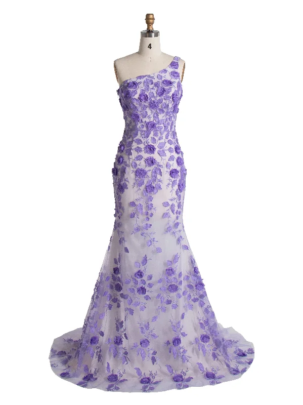 shimmering evening dress-Mermaid One Shoulder Purple Embroidery Lace Prom Dresses YE3007