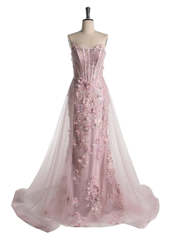 evening dress with embroidery-Mermaid Strapless Sweep Train Pink Floral Lace Prom Gown YE2530