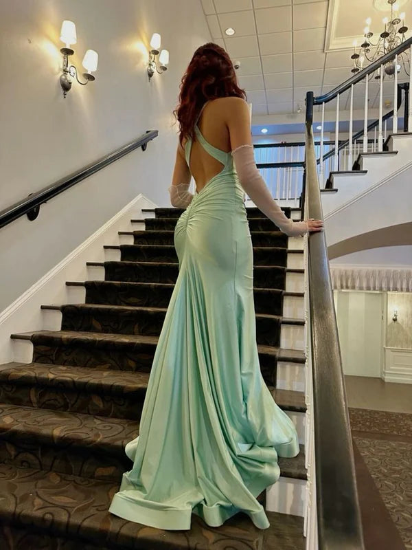 sheer sleeve evening dress-Mermaid Straps Backless Mint Green Long Prom Dresses      S5711