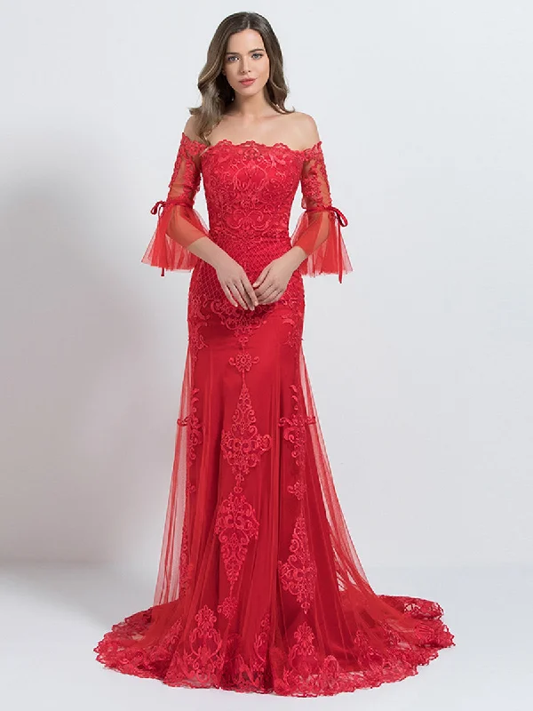 lace evening gown-Mermaid/Trumpet Luxurious Prom Dress Off Shoulder 1/2 Sleeve Floor Length Tulle with Appliques 2024