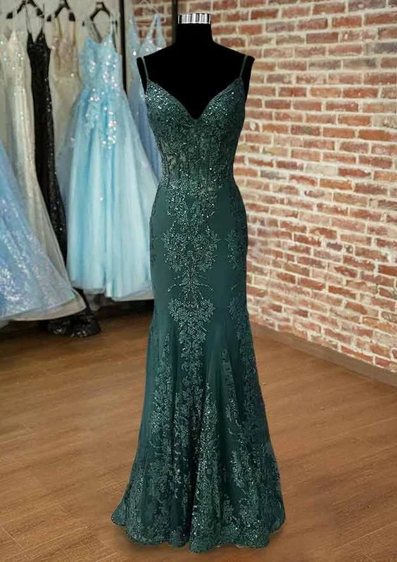 cap sleeve evening dress-Mermaid V Neck Spaghetti Straps Long/Floor-Length Tulle Prom Dress With Appliqued Beading        S5181