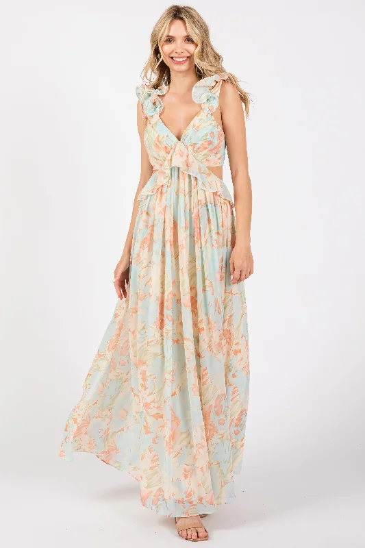 flared evening dress-Mint Green Floral Ruffle Accent Cutout Gown