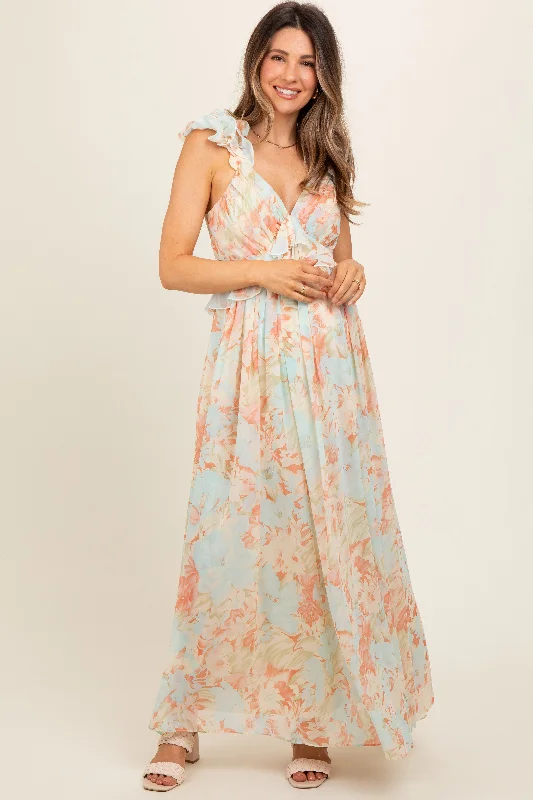 evening gown with sheer overlay-Mint Green Floral Ruffle Accent Cutout Maternity Gown