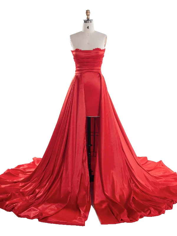 bodycon evening dress-Modern A-Line Off Shoulder Red Satin Ball Gown  Bride Party Gown With Pleats YW240112