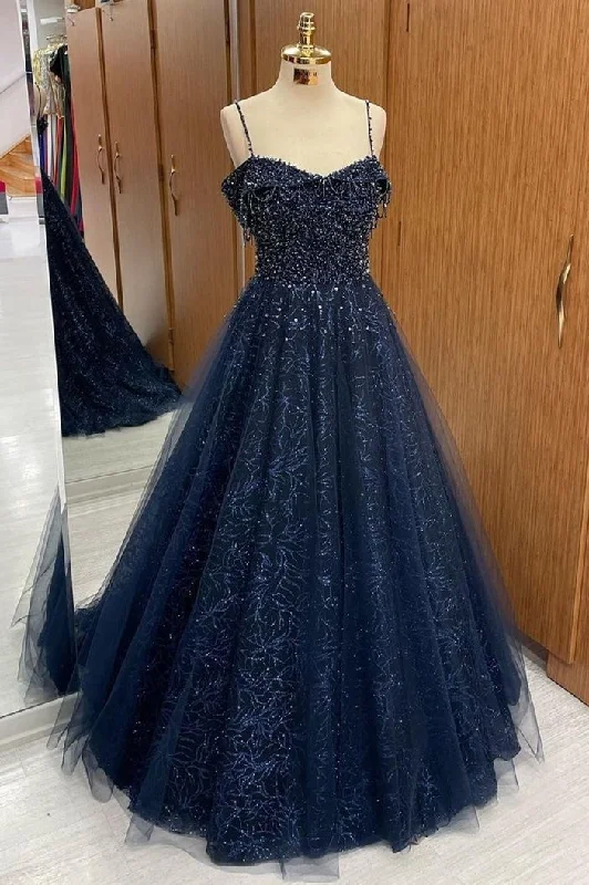 lace evening gown-Navy Blue Beaded Straps A-Line Prom Dress      S5198