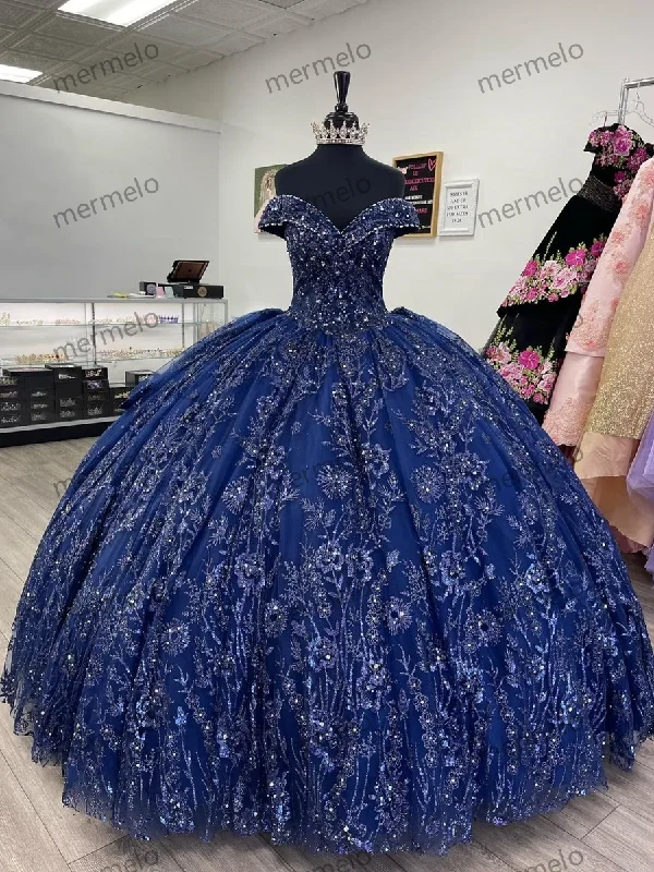 evening dress with crystal embellishments-Navy Blue Off Shoulder Quinceanera Dresses Sweetheart Applique Ball Gown