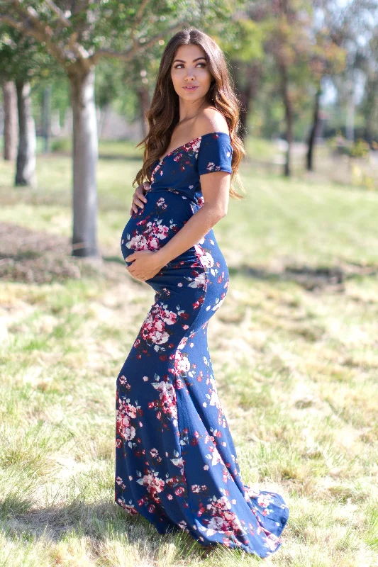 evening dress for black-tie events-Navy Floral Off Shoulder Wrap Maternity Photoshoot Gown/Dress