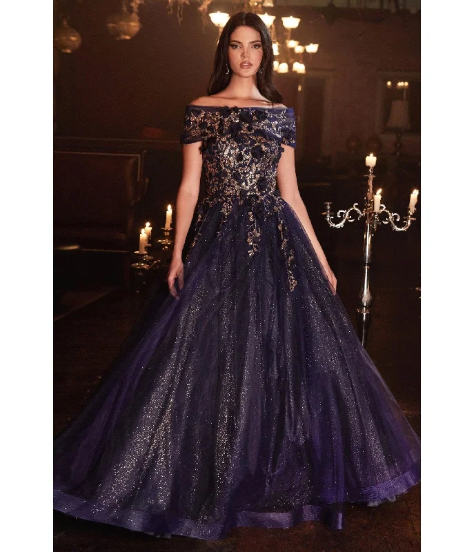 chiffon evening gown-Cinderella Divine  Navy & Gold Off The Shoulder Magical Glitter Prom Ball Gown