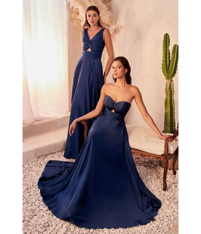 evening dress with beads-Cinderella Divine  Navy Satin Strapless Keyhole Evening Gown