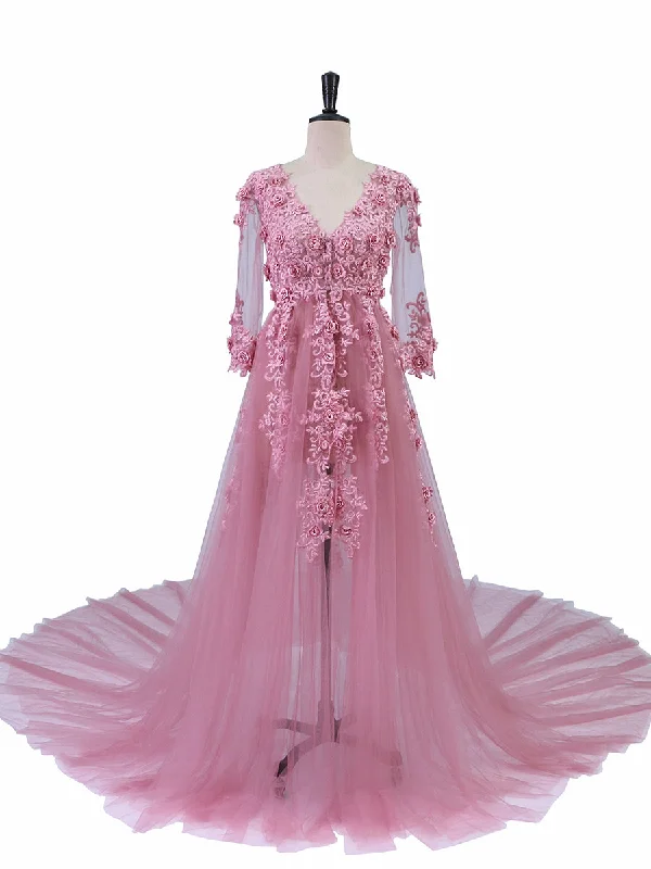 pleated evening gown-Elegant Tulle Appliques Lace Evening Dresses V-Neck Half Sleeve Open Front Oldrose Beach Style Party Gowns Robe De Soiree YeWen