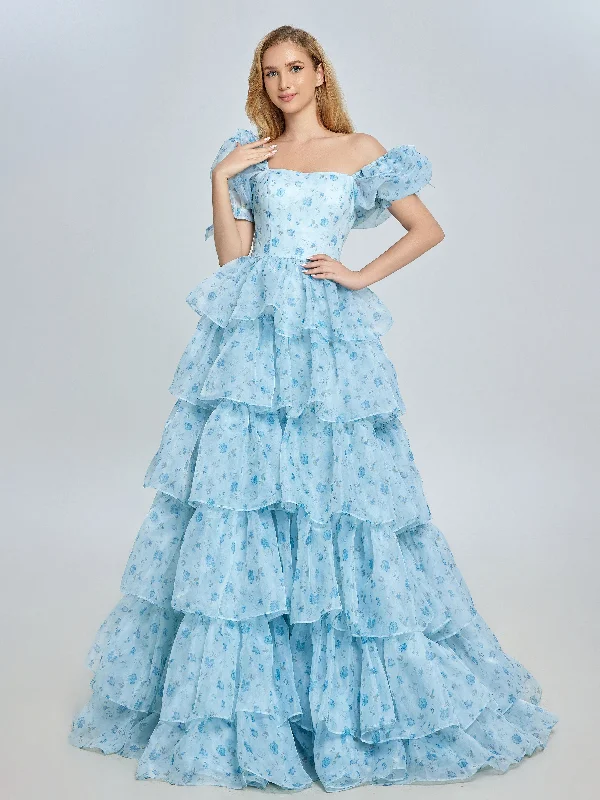 evening dress with plunging neckline-New Blue Printing Layered Ruffles Floral Prom Gown Photo Shoots Dress Outfits YW231128