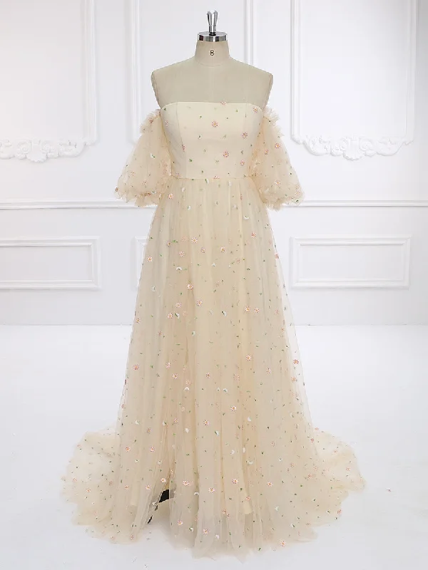 elegant evening dress with train-New Short Sleeve Embroidered Boho Tulle Prom Dress Photo Shoots Dress YW231093