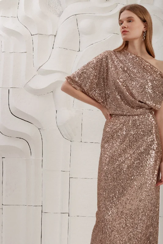 illusion back evening dress-MARGO nude sequin asymmetric evening dress