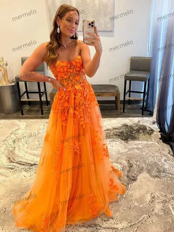 long sleeve evening dress-Orange Lace Appliques Prom Dresses Illusion Sweetheart Strapless Tulle A Line Sweep Train