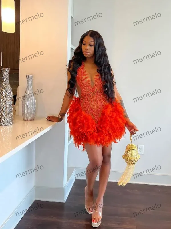 floor-length evening dress-Orange Sparkly Short Prom Formal Dresses for Black Girl Luxury Diamond