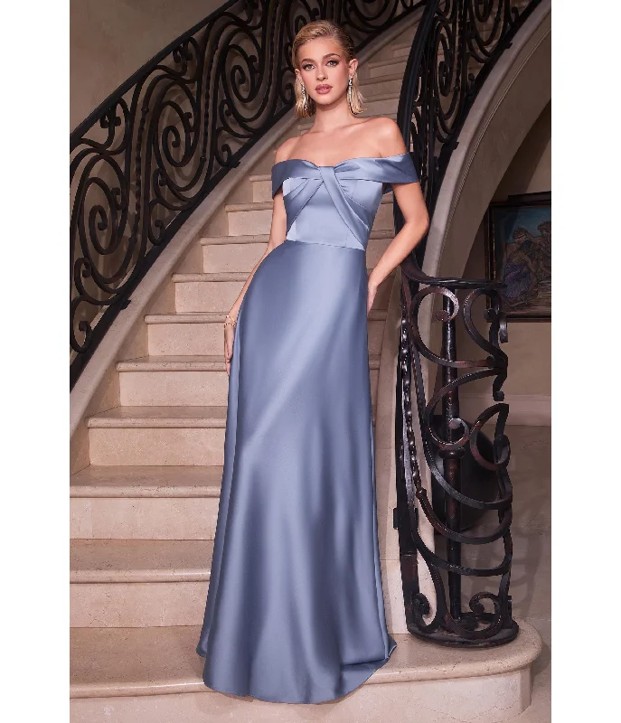 evening dress with embroidery-Cinderella Divine  Paris Blue Satin Off The Shoulder Prom Gown