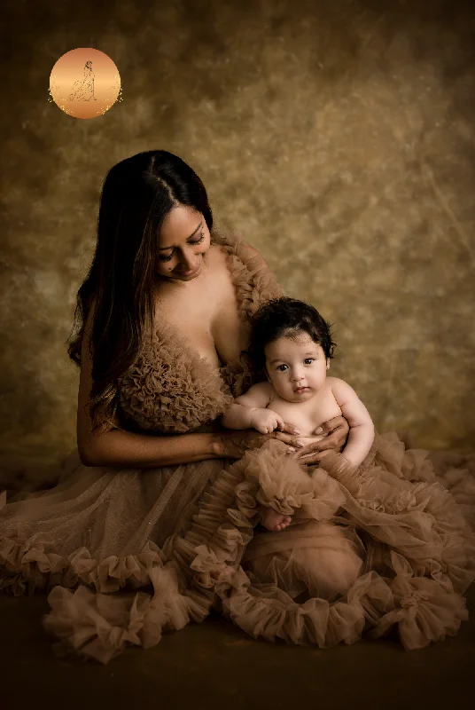 sheer sleeve evening dress-Maternity Photoshoot Dresses - Paris - Brown Tulle Gown