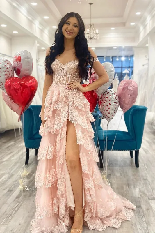 evening dress with pleated skirt-Pink A-Line Off The Shoulder Tiered Prom Dress      S5161