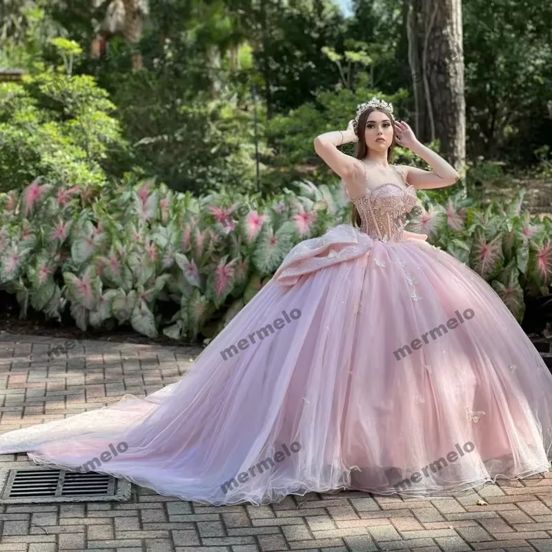 evening dress with fringe-Pink Ball Gown Quinceanera Dresses Beaded With Bow Corset