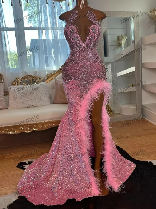 evening dress with sequins-Pink Diamonds Sequin Prom Dress Feathers Mermaid Crystal Rhinestone Birthday Party