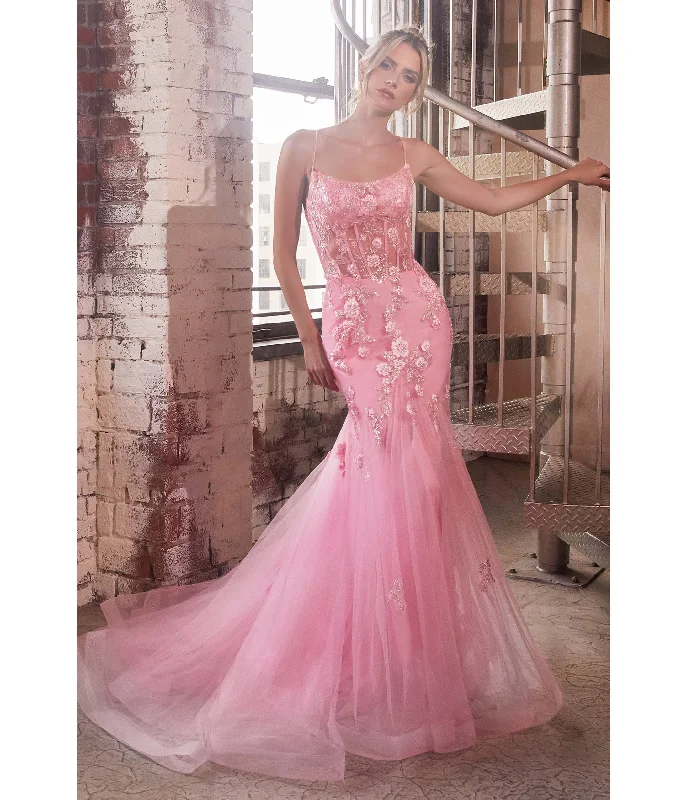 modest evening gown-Cinderella Divine  Pink Floral & Beaded Corset Mermaid Gown