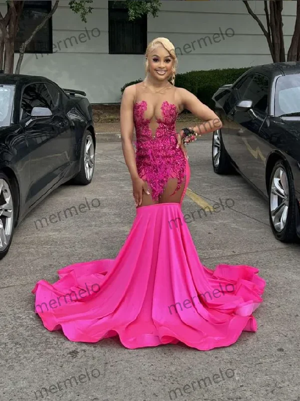 elegant formal evening dress-Pink Prom Dresses Black Girls Sexy Rhinestone Sequins Birthday Party Gowns