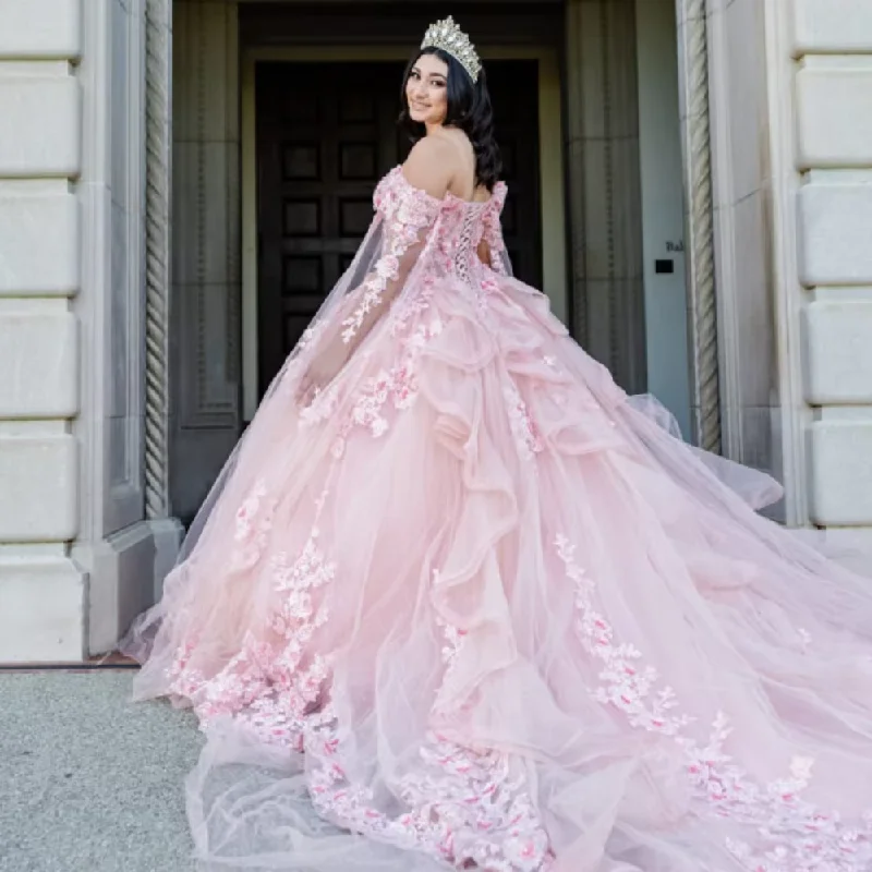 elegant peplum evening dress-Pink Quinceanera Dress Ball Gown 3D Flower Applique Beads With Cape Sheer Corset Sweet 16 Dress Vestidos XV Años