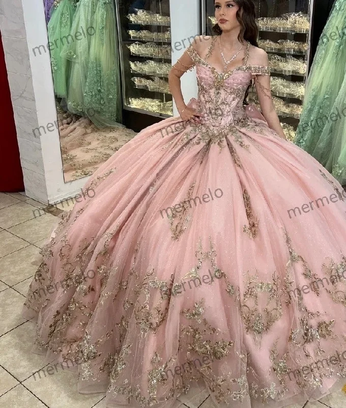 beaded bodice evening dress-Pink Quinceanera Dress Ball Gown Gold Lace Applique Beading Mexican Corset Sweet 16