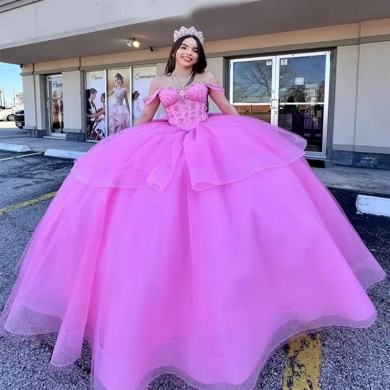 classic black evening dress-Pink Quinceanera Dresses for 15 Year 2024 Ball Gown Sexy Off the Shoulder Beads Crystal Tull Back Bow Long Party Dress for Girl