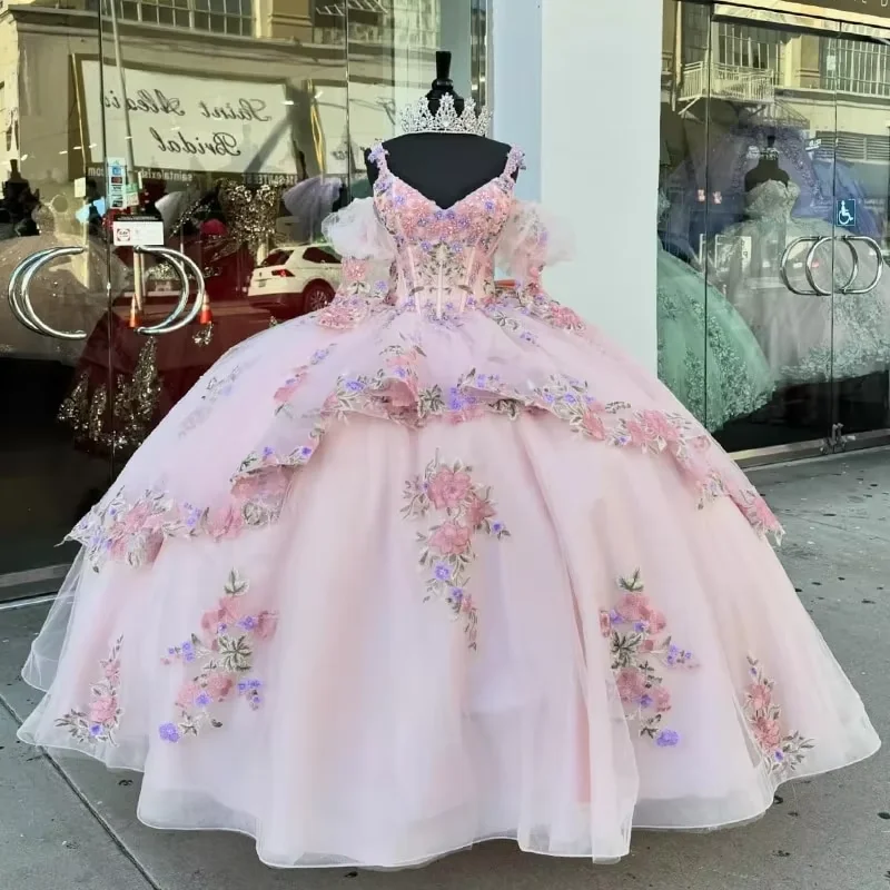 elegant cocktail evening dress-Pink Quinceanera Dresses for 16 Year 2024 Ball Gown Sexy V Neck Off the Shoulder Puff Sleeve Party Dress for Girl Vestidos De 15