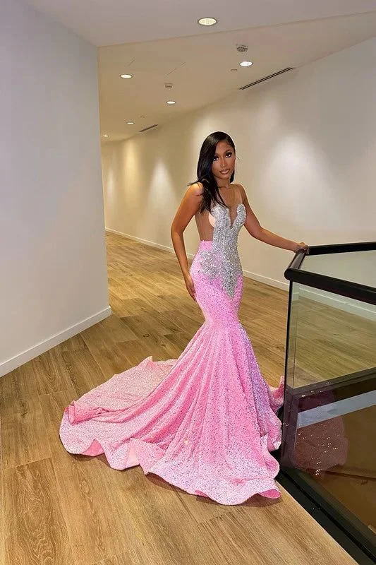 elegant lace overlay evening dress-Pink Sequins V-Neck Beading Mermaid Prom Dress          S3746