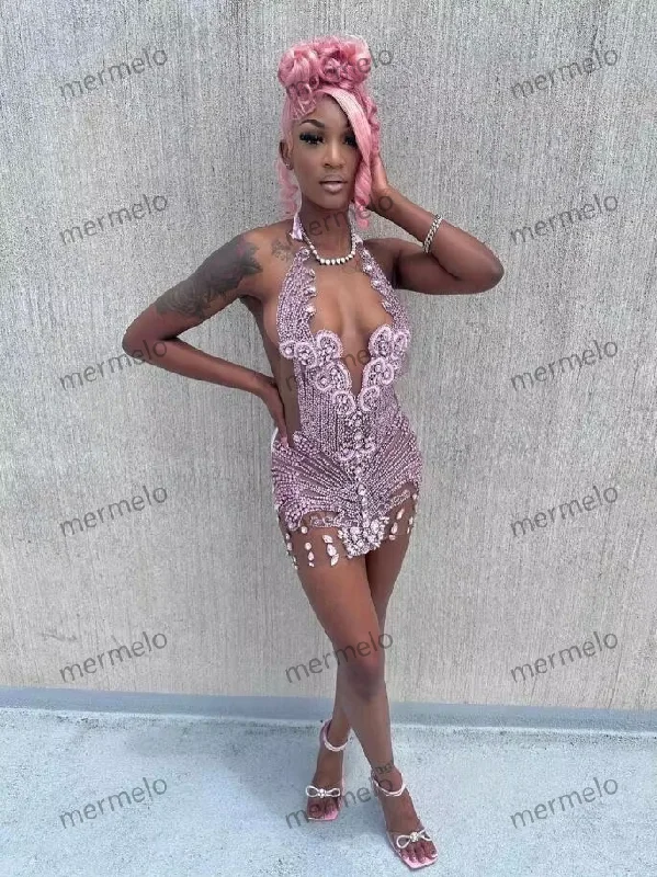 mermaid evening gown-Pink Sparkly Short Prom Homecoming Dress Luxury Diamond Crystal Sheer Mesh Black Girl