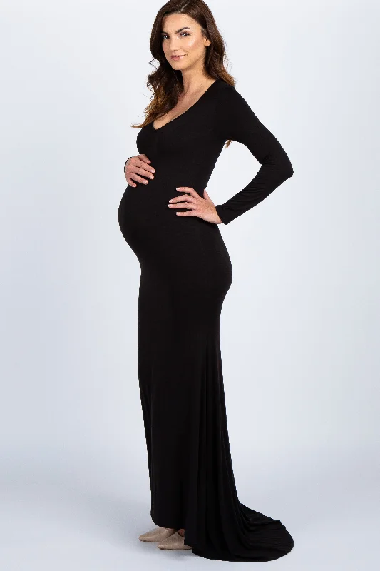 evening dress with cape-PinkBlush Black Long Sleeve Photoshoot Maternity Gown/Dress