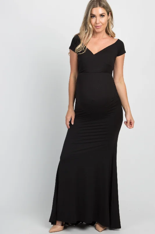 evening dress with crystal embellishments-PinkBlush Black Off Shoulder Wrap Maternity Photoshoot Gown/Dress