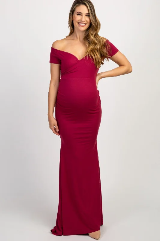 evening dress with beads-PinkBlush Burgundy Off Shoulder Wrap Maternity Photoshoot Gown/Dress