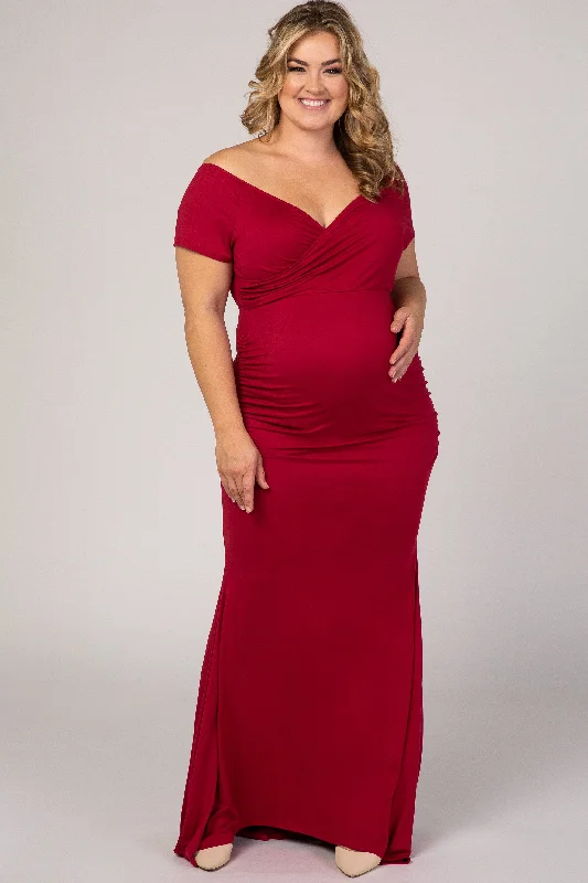 evening dress with embroidery-PinkBlush Burgundy Off Shoulder Wrap Plus Maternity Photoshoot Gown/Dress