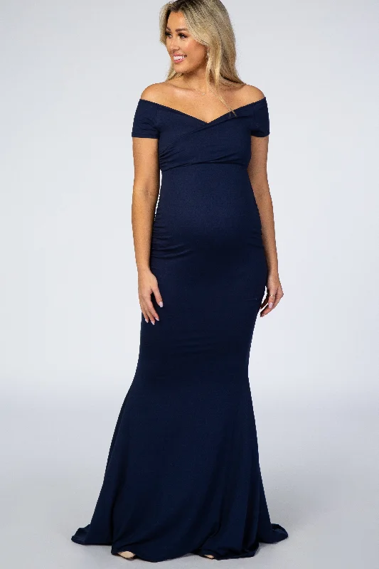 evening dress for prom-PinkBlush Navy Off Shoulder Wrap Maternity Photoshoot Gown/Dress