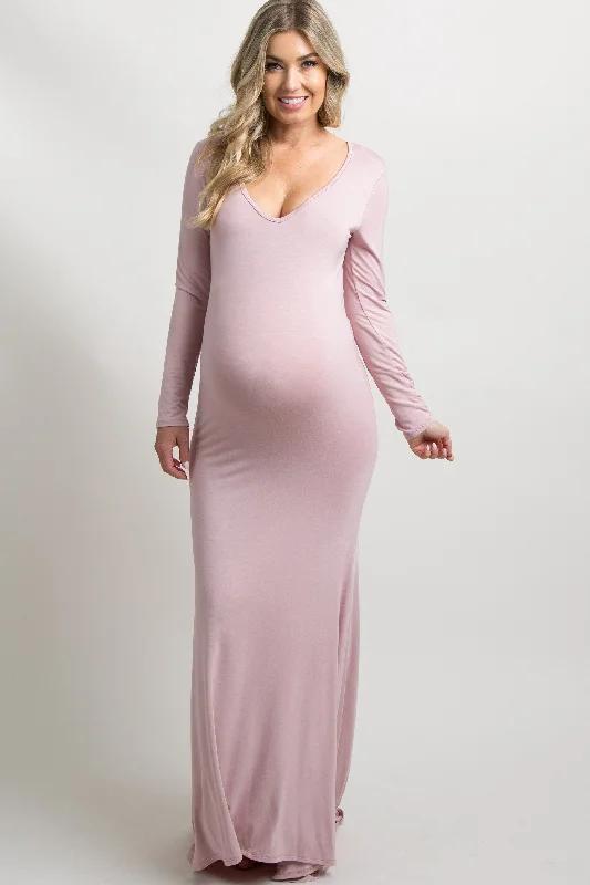 evening dress with crystals-PinkBlush Pink Long Sleeve Photoshoot Maternity Gown/Dress