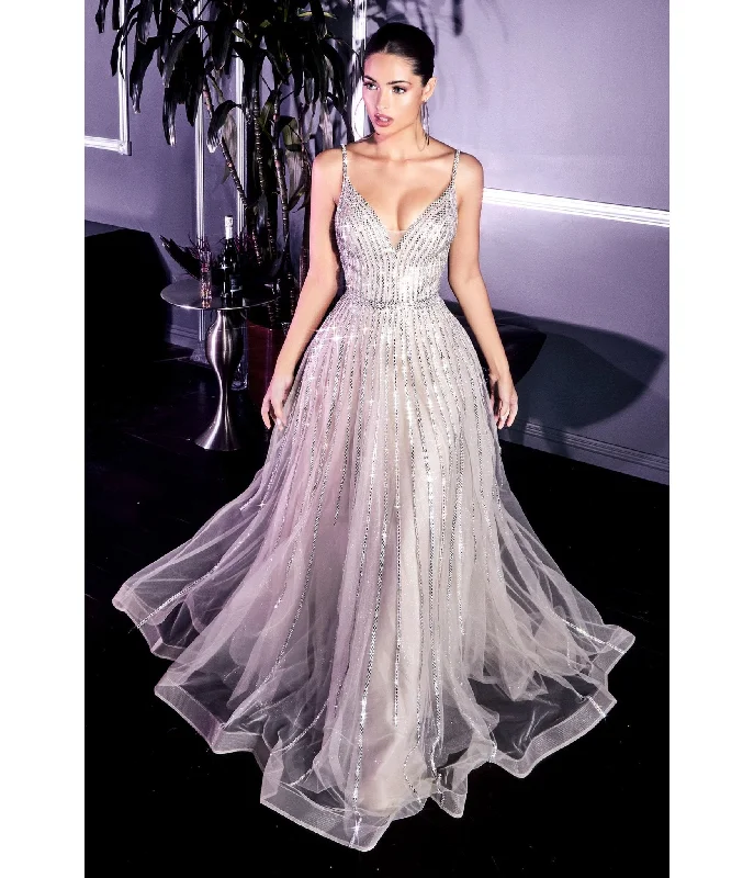 empire waist evening dress-Cinderella Divine  Platinum Beaded Embellished Glitter Tulle Prom Dress