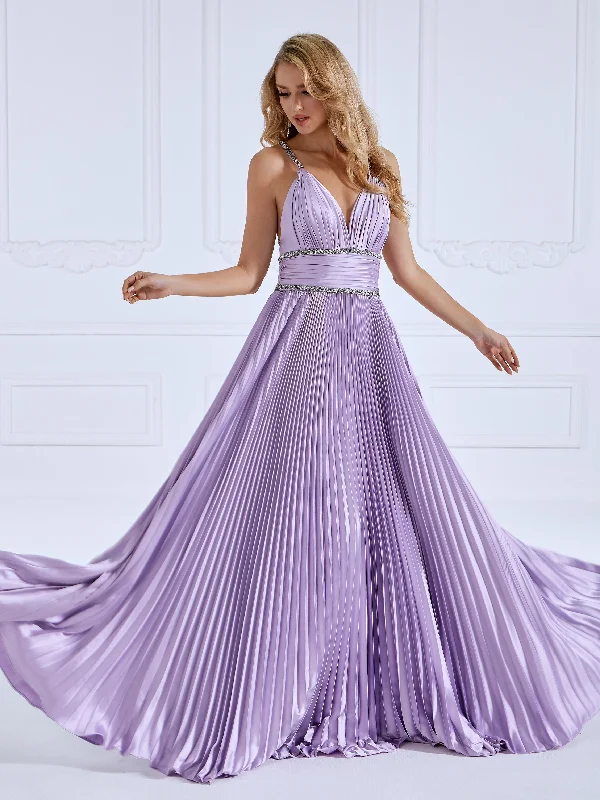 elegant satin evening gown-Pleated Criss Cross Straps Pupple Long Prom Dress #LT4176