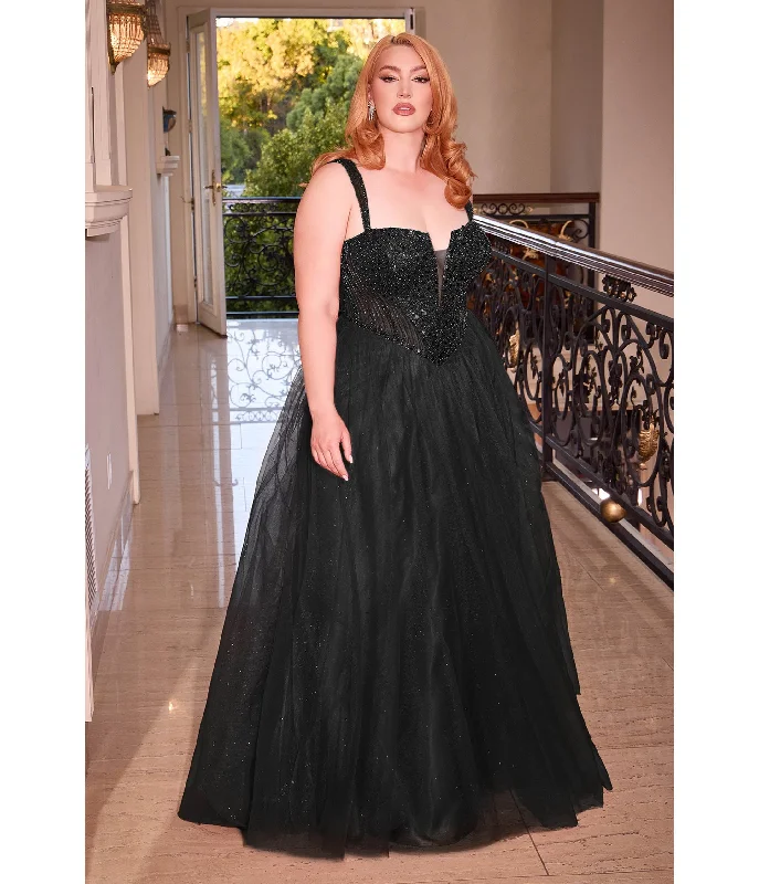 fishtail evening dress-Cinderella Divine  Plus Size Black Glitter Bodice & Tulle Prom Ball Gown