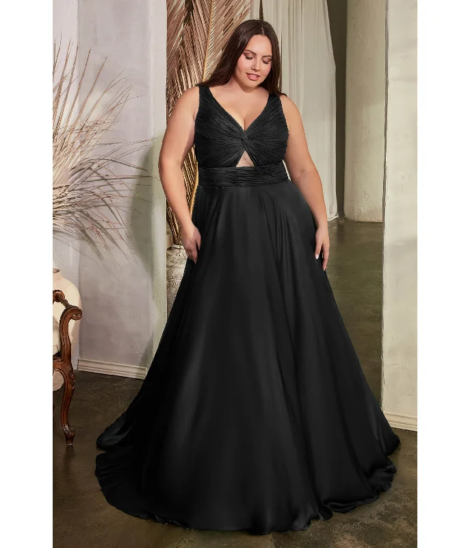 evening dress with fringe-Cinderella Divine  Plus Size Black Satin Ruched Knotted Keyhole Evening Gown