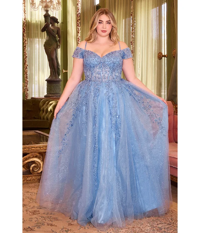 evening dress with train-Cinderella Divine  Plus Size Blue Glitter Tulle Off The Shoulder Applique Slit Gown