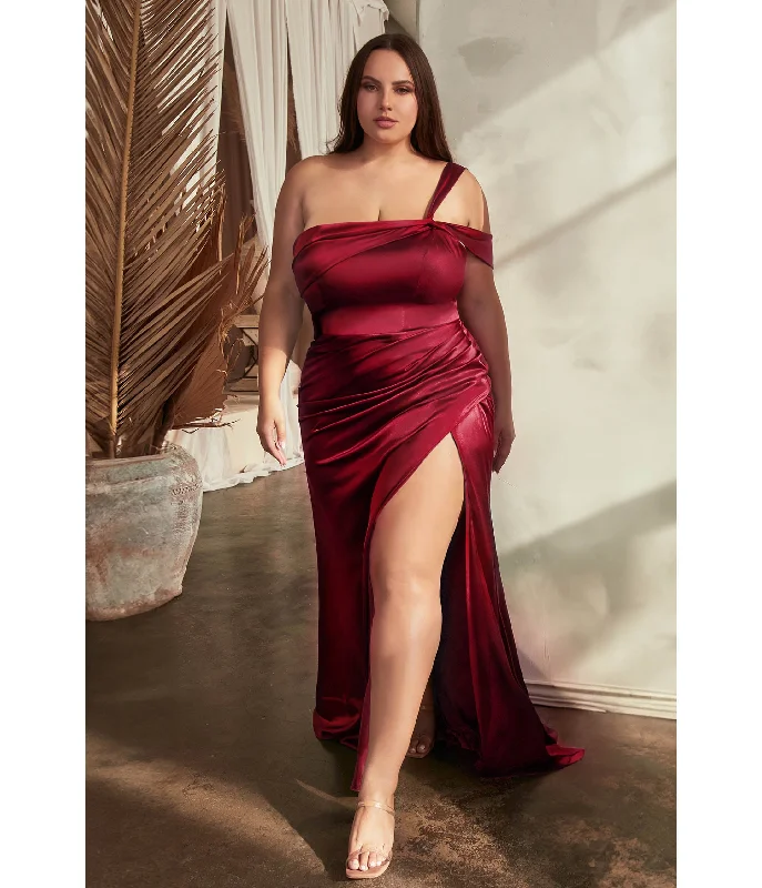 high slit evening dress-Cinderella Divine  Plus Size Burgundy Ruched Satin One Shoulder Evening Gown